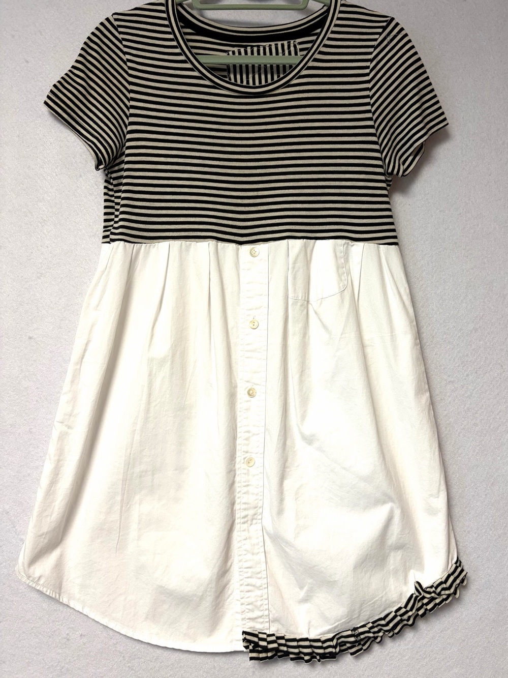 Black &Tan Striped Babydoll Dress White Button Front Skirt Lagenlook Minimalist